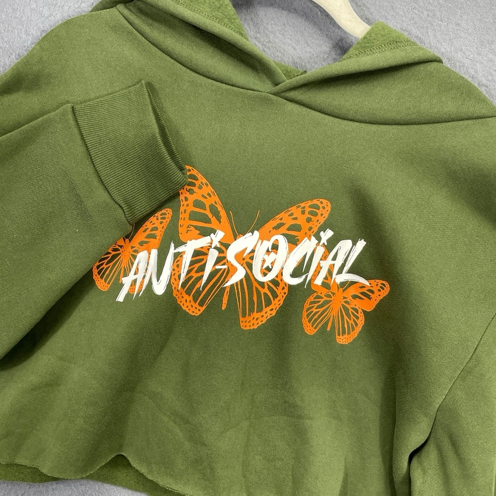 Fashion Nova Womens‎ "Anti Social" Crop Hoodie Butterfly Sweatshirt Green Sz Med